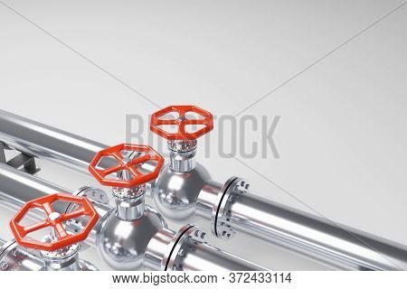 Stainless Steel Pipelines With Red Valves On White Background. Digital 3d Render Image.