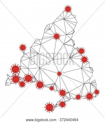 Polygonal Mesh Madrid Province Map With Coronavirus Centers. Abstract Network Connected Lines And Fl