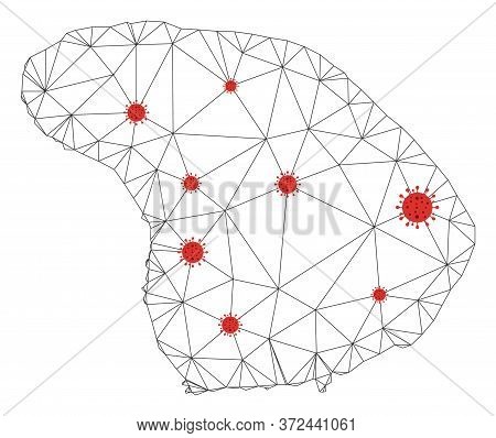 Polygonal Mesh Lanai Island Map With Coronavirus Centers. Abstract Network Connected Lines And Flu V