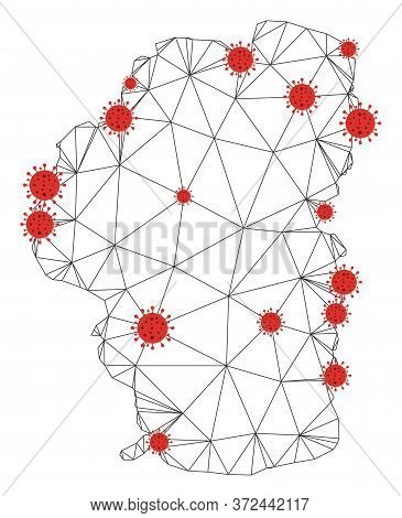 Polygonal Mesh Tahoe Lake Map With Coronavirus Centers. Abstract Mesh Connected Lines And Covid- 201