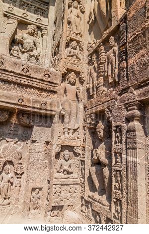 Ornate Entrance Of The Buddhist Chaitya Prayer Hall , Cave 19, Carved Into A Cliff In Ajanta, Mahara