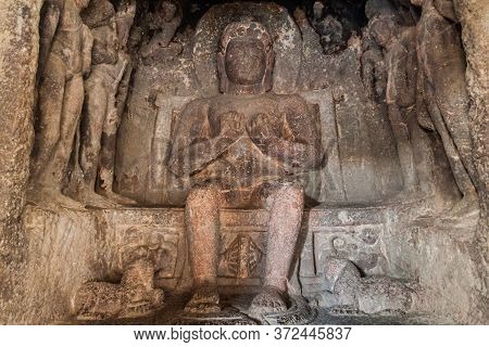 Ellora, India - February 7, 2017: Carvings At Das Avatara Ten Incarnations Of Vishnu Cave In Ellora,