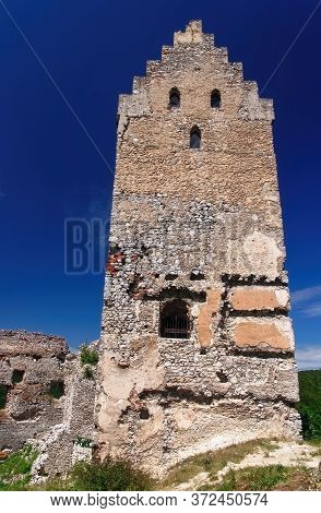 Castle Ruins Of Topolcany, Old Castle Breakaway In Slovakia, Ancient Fortress, Tower In Ruins, Povaz