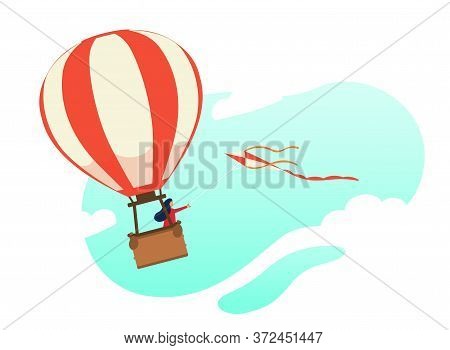 Woman Flying In A Hot Air Balloon With Flying Kite. Modern Flat Character. Stock Vector. Beautiful I