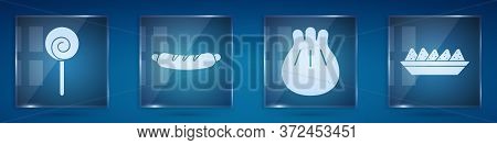 Set Lollipop, Hotdog Sandwich, Khinkali On Cutting Board And Nachos In Plate. Square Glass Panels. V