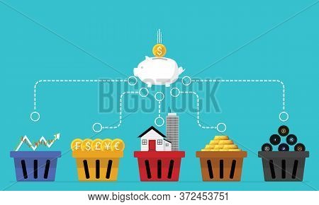 Business Financial Concept Illustrations Of Diversification. Do Not Put All Savings Money In One Bas