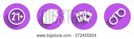 Set 21 Plus, Casino Slot Machine With Lemon, Deck Of Playing Cards And Handcuffs Icon With Long Shad