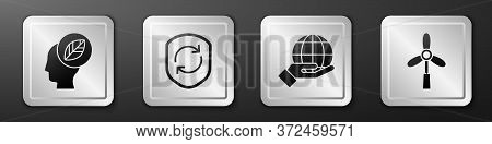 Set Human Head With Leaf Inside, Recycle Symbol Inside Shield, Hand Holding Earth Globe And Wind Tur