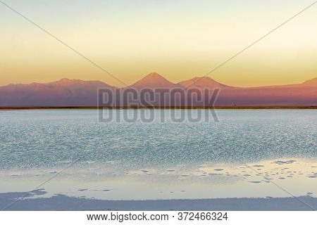 Cejar Lagoon And Licancabur Volcano In Atacama, Chile.