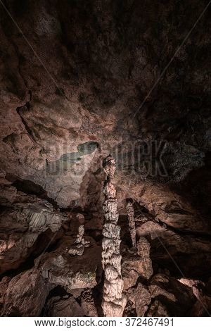 Inside The Mysterious Flowstone Cave 'nebelhöhle' With Stalagmites And Stalactites In Germany.