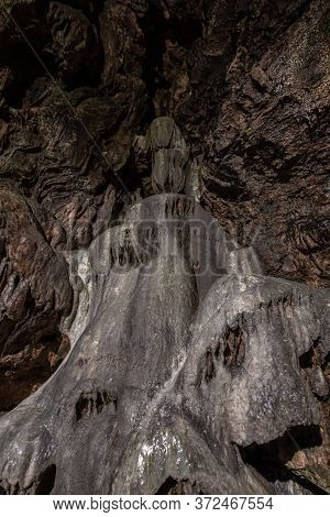 Inside The Mysterious Flowstone Cave 'nebelhöhle' With Stalagmites And Stalactites In Germany.