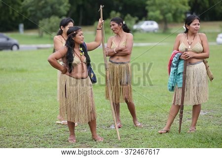 Salvador, Bahia / Brazil - May 29, 2017: Indians From Various Bahia Tribes And Ethnic Groups Camp In