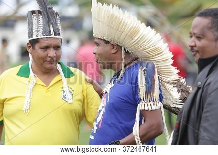 Salvador, Bahia / Brazil - May 29, 2017: Indians From Various Bahia Tribes And Ethnic Groups Camp In