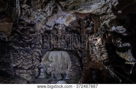 Inside The Mysterious Flowstone Cave 'nebelhöhle' With Stalagmites And Stalactites In Germany.