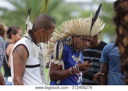Salvador, Bahia / Brazil - May 29, 2017: Indians From Various Bahia Tribes And Ethnic Groups Camp In