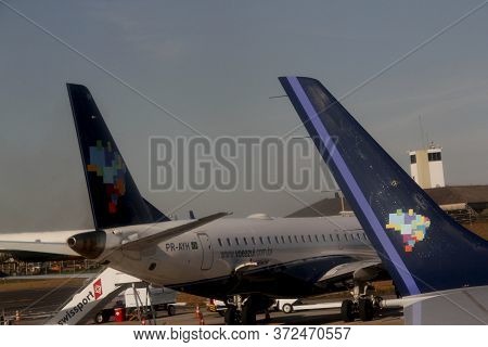 Campinas, Sao Paulo / Brazil - July 30, 2013: Azul Linhas Aereas Embraer 195 Aircraft Is Seen At Cam