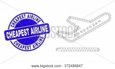Web Carcass Airplane Takeoff Icon And Cheapest Airline Stamp. Blue Vector Round Distress Seal Stamp 