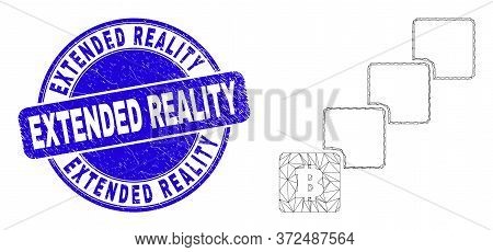 Web Mesh Bitcoin Blockchain Pictogram And Extended Reality Watermark. Blue Vector Rounded Grunge Wat