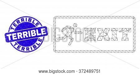 Web Carcass Emergency Exit Icon And Terrible Seal Stamp. Blue Vector Round Distress Seal Stamp With 