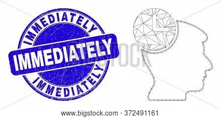 Web Mesh Head Clock Icon And Immediately Watermark. Blue Vector Round Grunge Watermark With Immediat