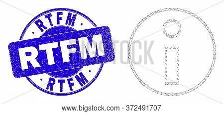Web Mesh Information Pictogram And Rtfm Seal Stamp. Blue Vector Rounded Distress Stamp With Rtfm Phr