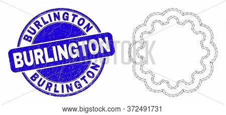 Web Mesh Inner Gear Icon And Burlington Seal Stamp. Blue Vector Rounded Grunge Seal With Burlington 