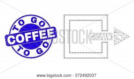 Web Mesh Log Out Pictogram And To Go Coffee Seal. Blue Vector Round Textured Seal With To Go Coffee 
