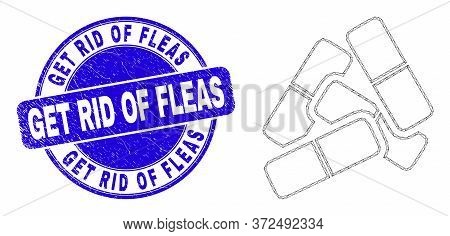 Web Mesh Medical Pills Pictogram And Get Rid Of Fleas Stamp. Blue Vector Round Scratched Stamp With 