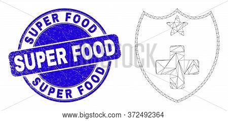 Web Mesh Medical Shield Icon And Super Food Stamp. Blue Vector Round Scratched Watermark With Super 