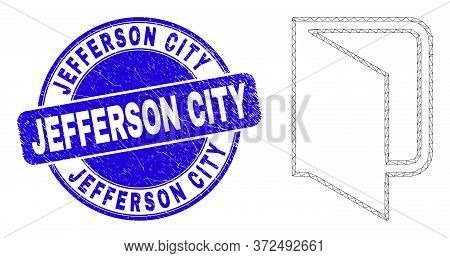 Web Mesh Open Folder Icon And Jefferson City Seal Stamp. Blue Vector Round Distress Seal With Jeffer