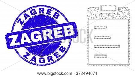 Web Mesh Text Pad Pictogram And Zagreb Stamp. Blue Vector Round Distress Stamp With Zagreb Text. Abs