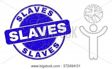 Web Mesh Time Manager Icon And Slaves Stamp. Blue Vector Rounded Scratched Stamp With Slaves Title. 