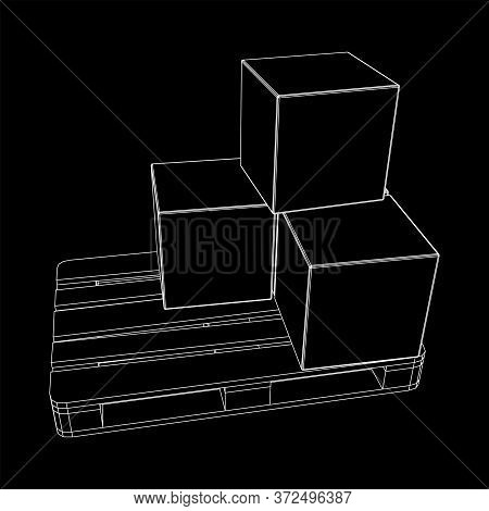 Cargo Pallet For Warehouse With Stacked Goods Cardboard Boxes. Logistics Shipping Concept. Wireframe