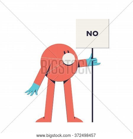 A Red Round Character In A Medical Mask And Gloves, Holding A Banner That Reads 