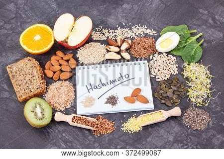 Notepad With Inscription Hashimoto And Best Nutritious Ingredients For Healthy Thyroid