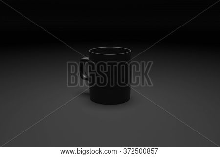 3d Rendering. Сlose-up Of The Medium Sized Black Tea And Coffee Mug On Black Isolated Background. Re