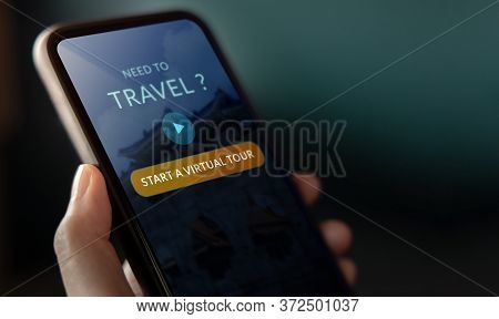 Travel And Technology Concept. Closeup Of Virtual Tour Appllication On Mobile Phone. Traveling In Ne