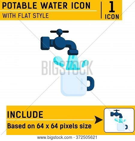 Potable Water Icon. Water Tap And Mug Premium Symbol With Flat Style Isolated On White Background. V