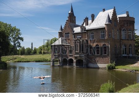 Bazel, Belgium, 1 June 2020, Side Of The Water And Side Of The Wissekerke Castle Located In The Vill