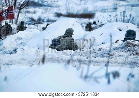 Leningrad Region, Russia - January 22, 2012: The German Gunners During The Second World War To Occup