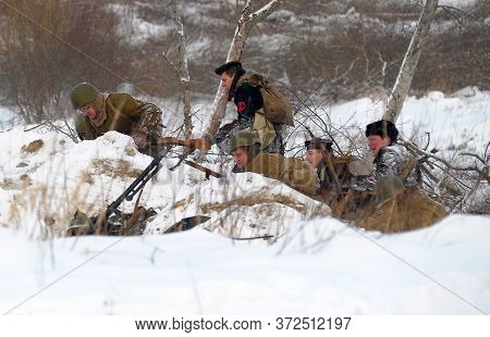 Leningrad Region, Russia - January 22, 2012: The German Gunners During The Second World War To Occup