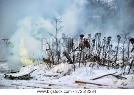 Leningrad Region, Russia - January 22, 2012: The German Gunners During The Second World War To Occup