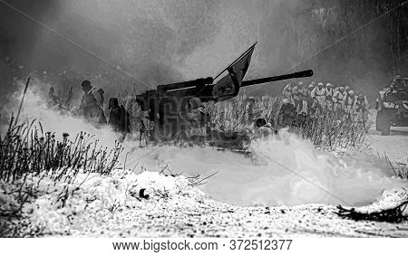 Leningrad Region, Russia - January 22, 2012: The German Gunners During The Second World War To Occup