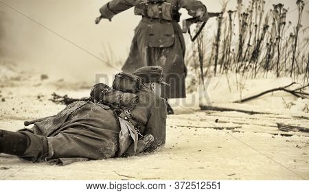 Leningrad Region, Russia - January 22, 2012: The German Gunners During The Second World War To Occup