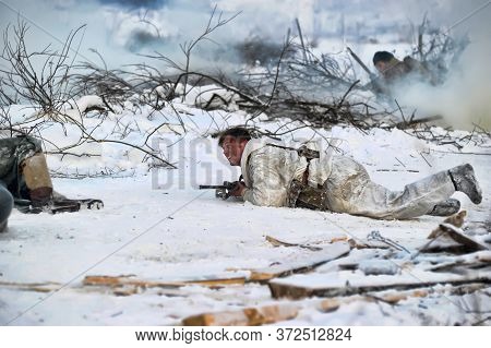 Leningrad Region, Russia - January 22, 2012: The German Gunners During The Second World War To Occup