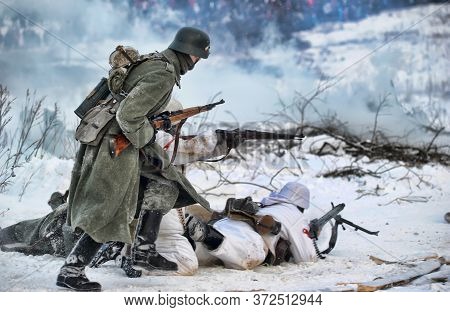 Leningrad Region, Russia - January 22, 2012: The German Gunners During The Second World War To Occup