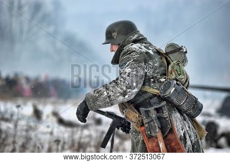 Leningrad Region, Russia - January 22, 2012: The German Gunners During The Second World War To Occup