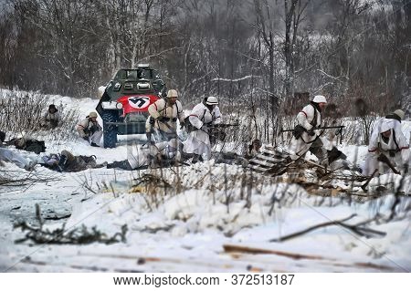 Leningrad Region, Russia - January 22, 2012: The German Gunners During The Second World War To Occup