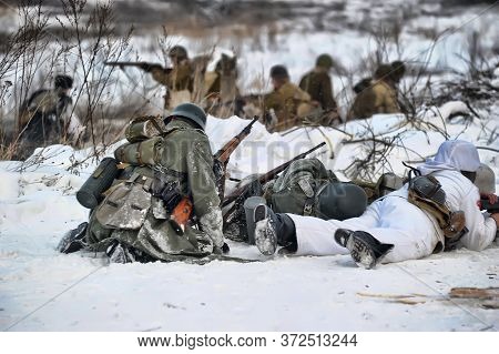Leningrad Region, Russia - January 22, 2012: The German Gunners During The Second World War To Occup