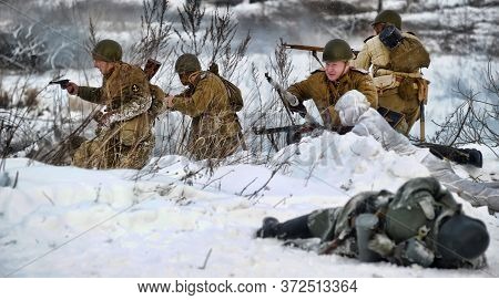 Leningrad Region, Russia - January 22, 2012: The German Gunners During The Second World War To Occup